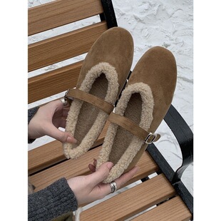 芭蕾舞毛毛鞋秋冬毛绒绒保暖玛丽珍平底鞋加绒浅口单鞋女奶奶鞋