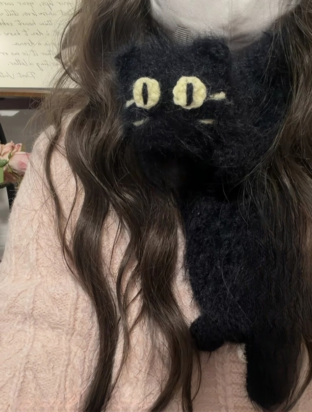 手工溺水小苑雪花纱羊毛暹罗猫黑猫围巾钩针钩织猫咪围巾成品