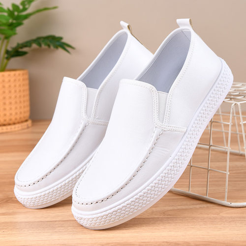 2025夏季皮面小白鞋男平底防滑护士鞋医院护工白色不累脚工作鞋