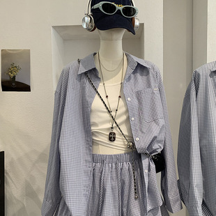 吊带 欧玛莱 格子衬衫 中长款 花苞半身裙三件套7040 翻领单口袋长袖