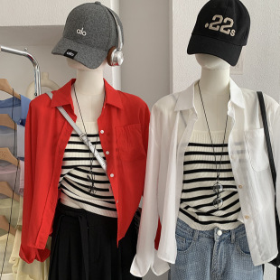 套装 欧玛莱 衬衫 休闲长袖 配眼镜项链女7140 韩系百搭针织条纹吊带