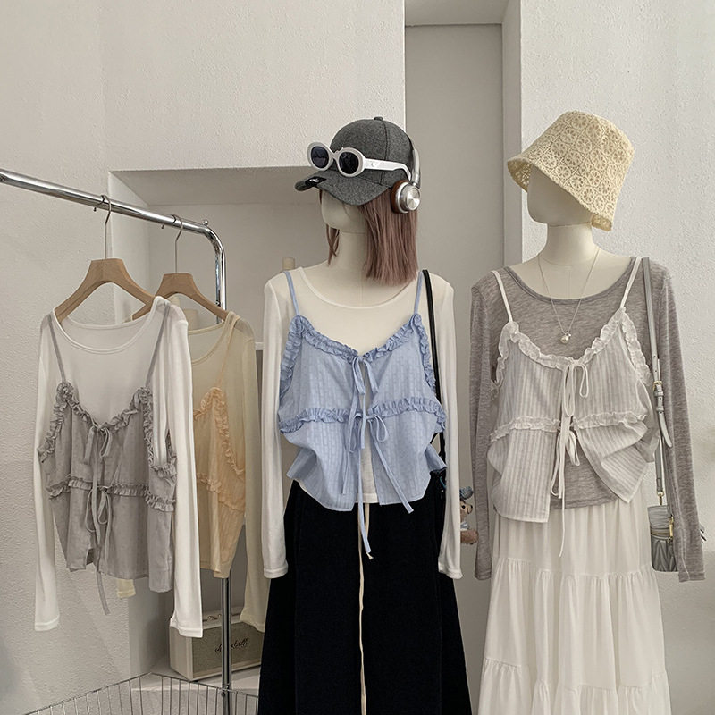 欧玛莱 木耳边绑带吊带搭圆领纯色长袖T恤两件套上衣温柔风女6399,女装/女士精品,T恤,淘宝优惠券,粉丝福利购,淘宝优惠卷