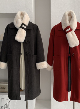 欧玛莱 牛角扣呢子大衣冬季新款宽松加厚翻领中长款长袖外套 5779