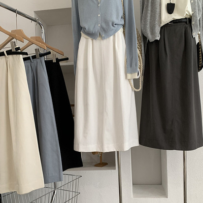 欧玛莱 2026年初春新品半松紧高腰纯色A字中长款半身裙配腰带6352