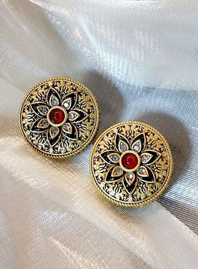 重工黄铜电镀浮雕黑色珐琅花朵耳夹高级设计镶钻小众圆形耳饰GH