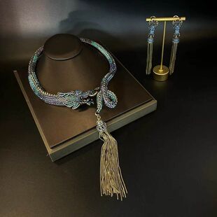 中古重工立体满钻龙项圈流苏款耳拍耳饰夸张设计国风首饰套装GH