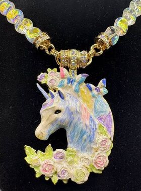 中古复古可爱动物系列Vintage珐琅滴釉独角兽磁吸扣吊坠YS