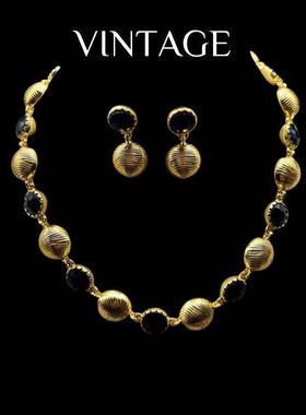 Vintage电镀真金气质百搭 圆形立体高级感黑色宝蓝色项链套装XZY