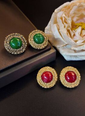 复古简约红绿色天然石浮雕立体花边圆形耳钉女中古做旧饰品GH