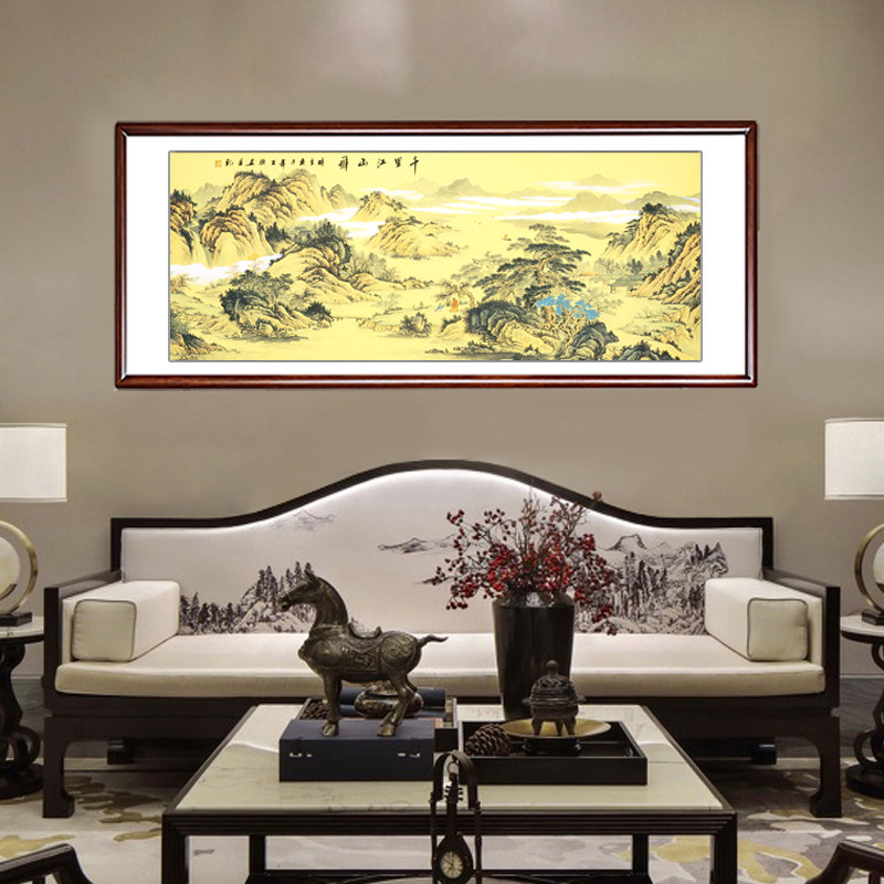 千里江山图手绘国画山水画客厅装饰画带框背景墙挂画办公室仿古画