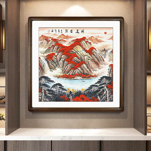 手绘斗方山水画风水招财