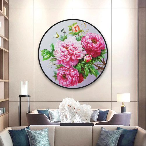花开富贵牡丹手绘油画圆形新中式玄关装饰画餐厅卧室床头壁画挂画