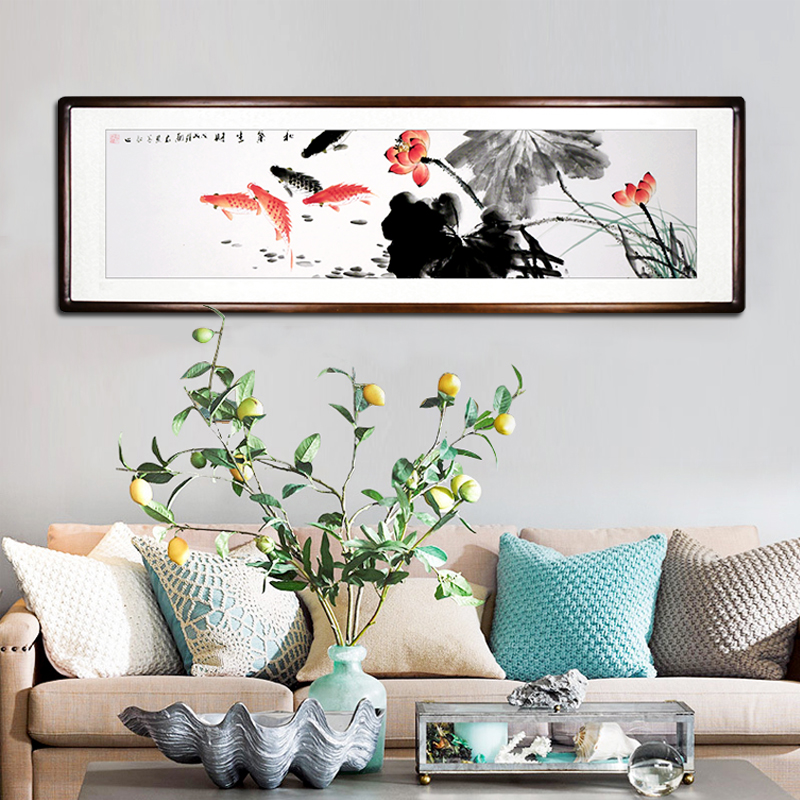 纯手绘国画荷花金鱼图中式挂画花鸟水墨字画锦鲤客厅办公室装饰画图片