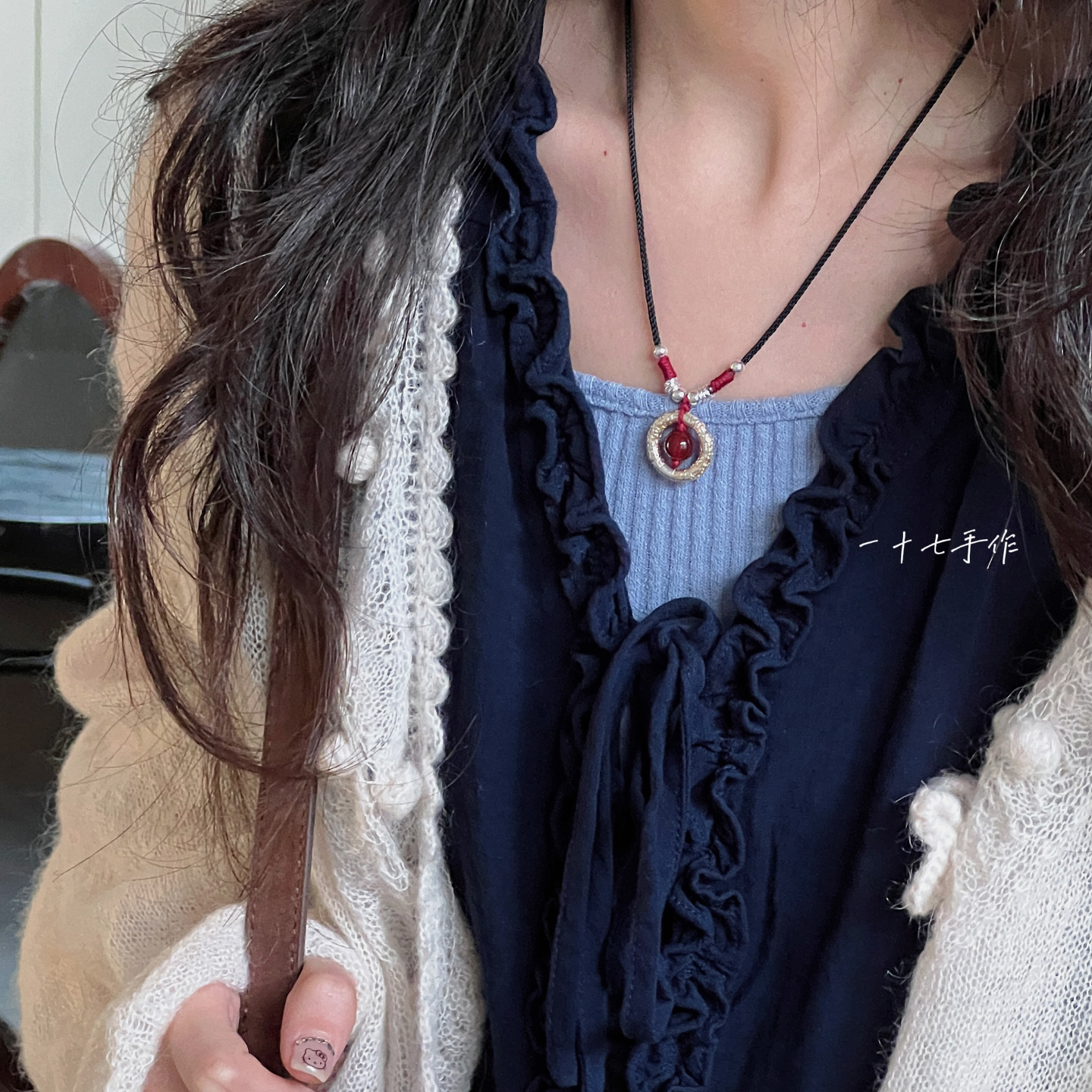 足银9999古法描金平安扣玛瑙项链