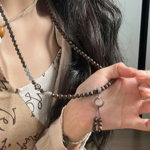 一十七手作 金丝楠阴沉木四圈手串手链和田玉烟紫纯银毛衣链 中式