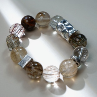 【苍烟落照】天然水晶原创手链黑金超七金发晶妖花溶洞蜜蜡