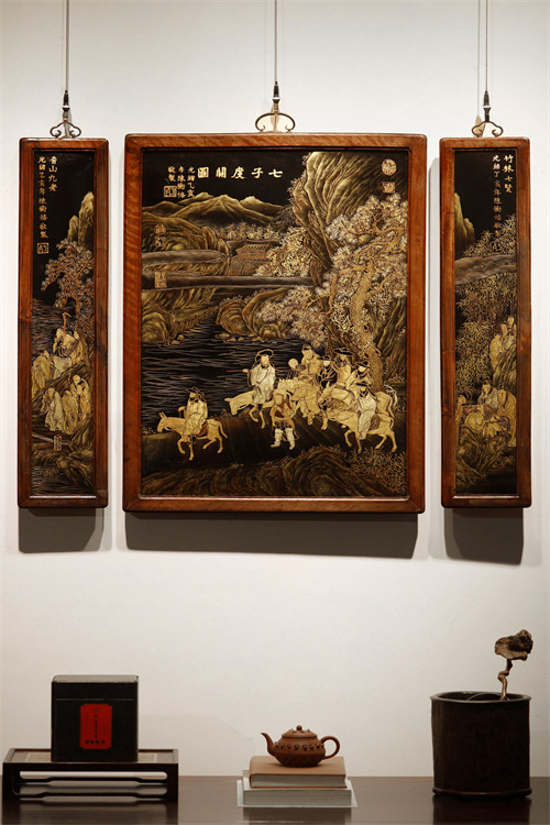 清代期老木板漆画七子度关图三联屏挂屏纯手工绘画文玩收藏品送礼