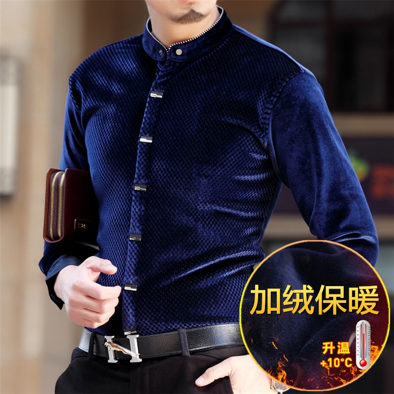 啄木鸟冬款父亲金丝绒立领衬衫男中国风加绒衬衣中年弹力保暖寸衫