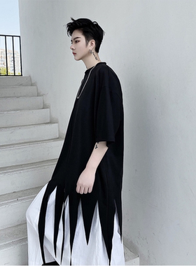 夏季不规则剪裁T恤造型师设计宽松黑色男士小众短袖大码潮