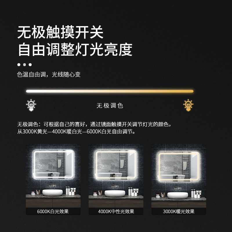 方形浴室智能镜子壁挂led灯高清防雾发光镜触摸屏多功能卫生间镜