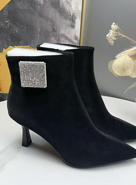 欧米高专柜正品黑色丝绸牛皮单里AB款设计短靴212 5/1