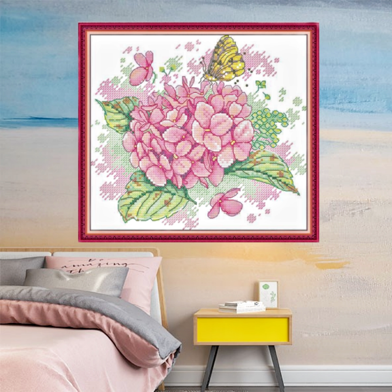 新款印花十字绣棉线刺绣植物花卉小图绣球花与蝴蝶客厅卧室餐厅画