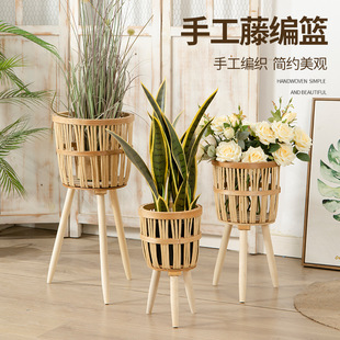 北欧花架竹编花篮藤编花盆手工编织ins家居客厅木质兰花专用架