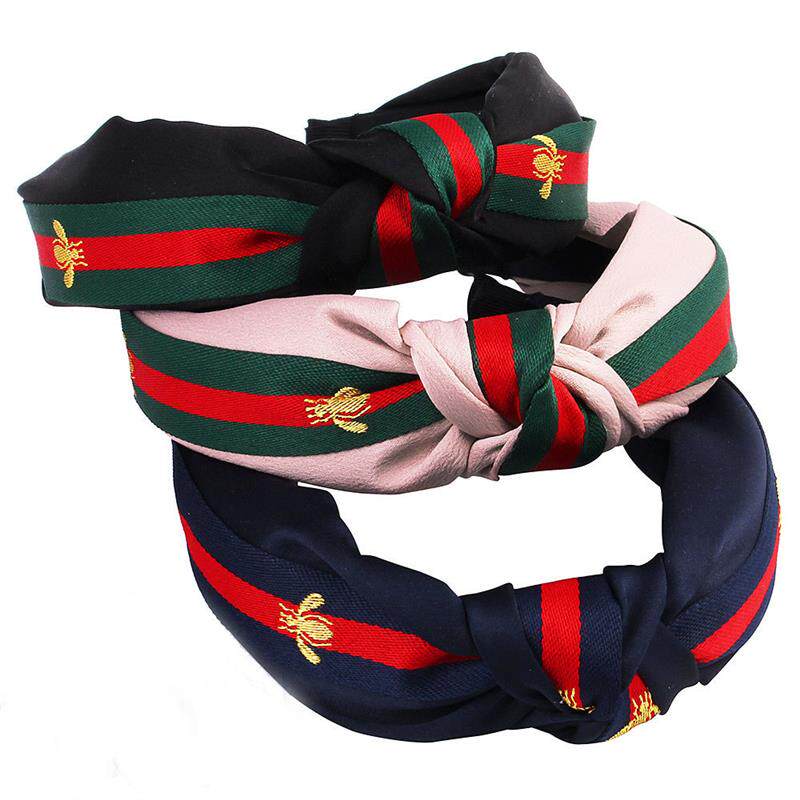 奇阅跨境欧美波点小蜜蜂条纹织带发卡韩版宽边打结头箍女发箍E4