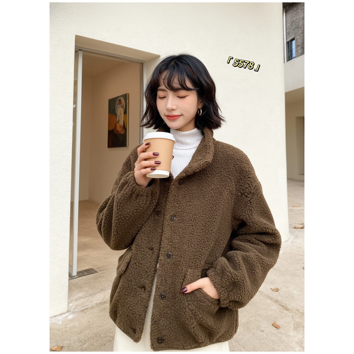 冬季慵懒百搭立领纽扣皮毛短款外套宽松落肩毛绒保暖大衣ZSUP