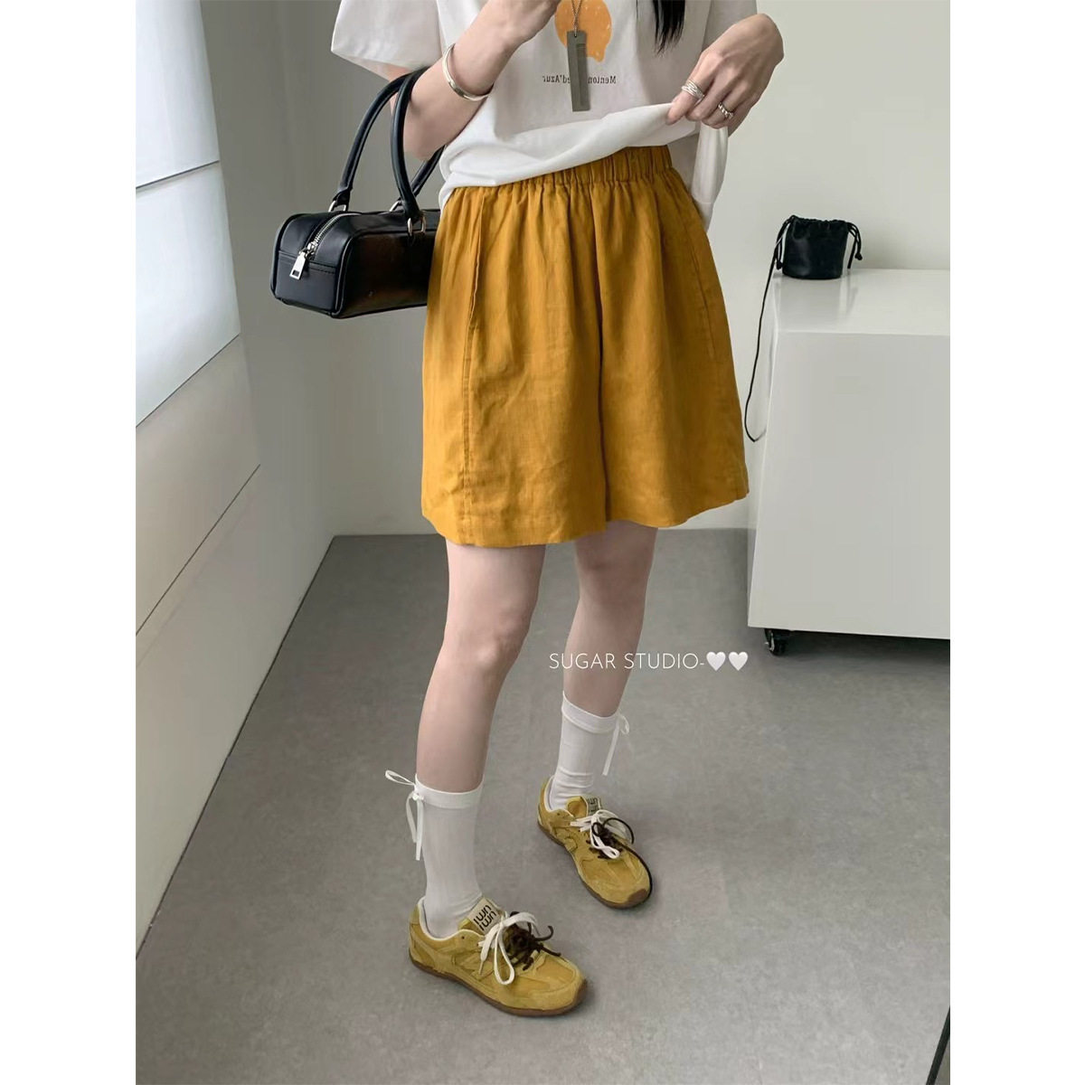 亮色系高级感少女甜美宽松短裤子女ins亚麻抽绳松紧腰五分裤子女