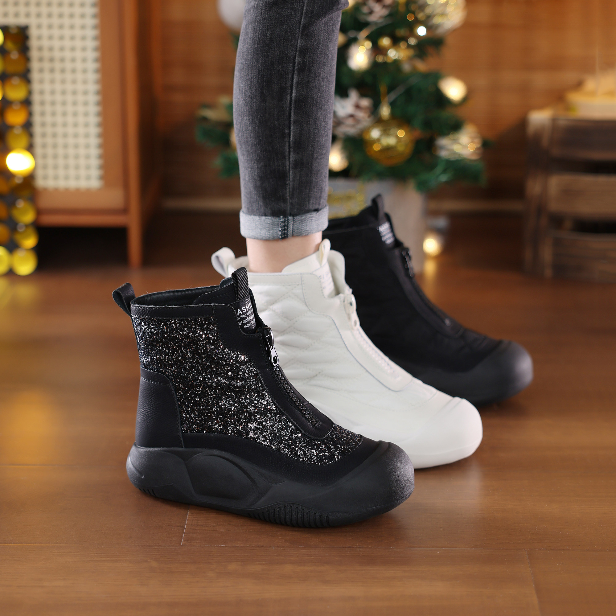 秋冬鞋子女2025新款冬季加绒保暧棉靴子大码女鞋真皮前拉链雪地靴,女鞋,马丁靴,淘宝优惠券,粉丝福利购,淘宝优惠卷