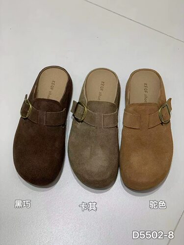 。可千凡5502-8真皮勃肯鞋女2025新款平底百搭一脚蹬磨砂懒人鞋