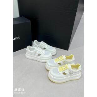 。黛蓝佳78027真皮镂空网面小白鞋女2025新款厚底超轻休闲板鞋