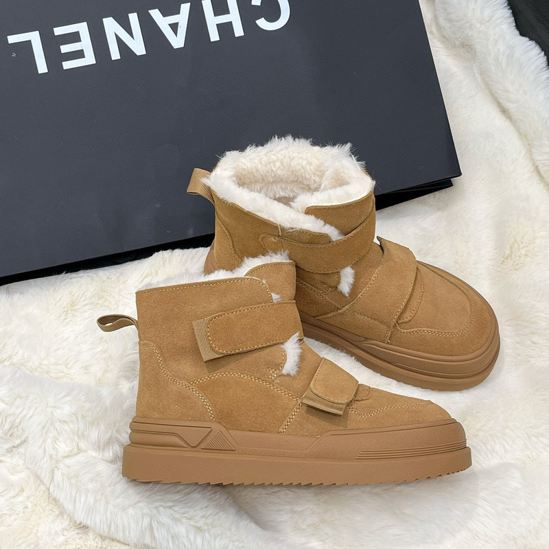 。黛蓝佳真皮雪地靴女2024冬厚底魔术贴加厚保暖短筒棉靴99-117