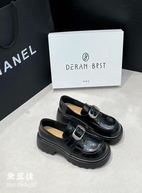 。黛蓝佳女鞋厚底小众复古黑色乐福单鞋真皮英伦风小皮鞋258-6