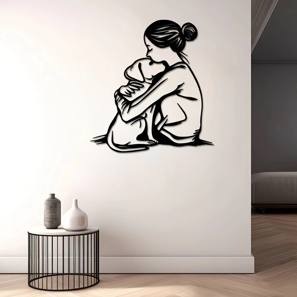 人物画像艺术雕塑女人拥抱爱狗剪影铁艺挂件创意北欧壁饰装饰墙面