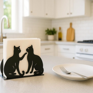 情侣猫咪艺术金属餐巾纸架铁质黑猫雕塑餐厅桌面装饰纸巾存储架