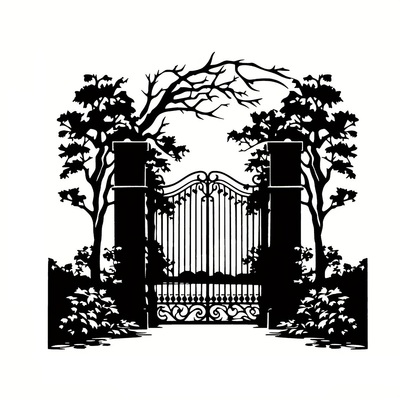田园花园门金属墙壁艺术黑色轮廓，带有繁复的围栏和树木墙壁装饰