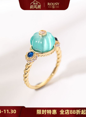 《薄荷糖》复古设计高级感宫廷薄荷曼波色猫眼石纯银镀金戒指环女