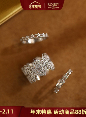 《形影》复古宫廷法式设计感小众蕾丝白金色可叠戴纯银戒指环女