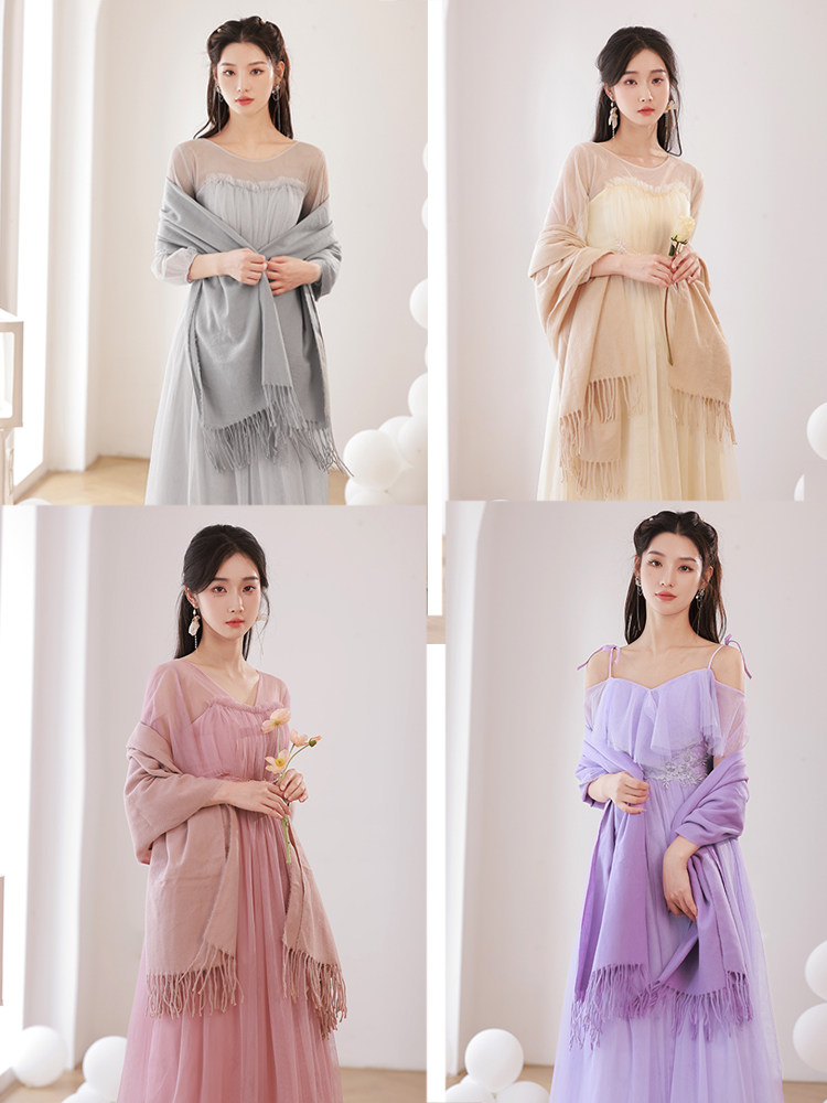 仿羊绒搭配伴娘姐妹团小礼服披肩围巾闺蜜装结婚专用外搭纯色保暖