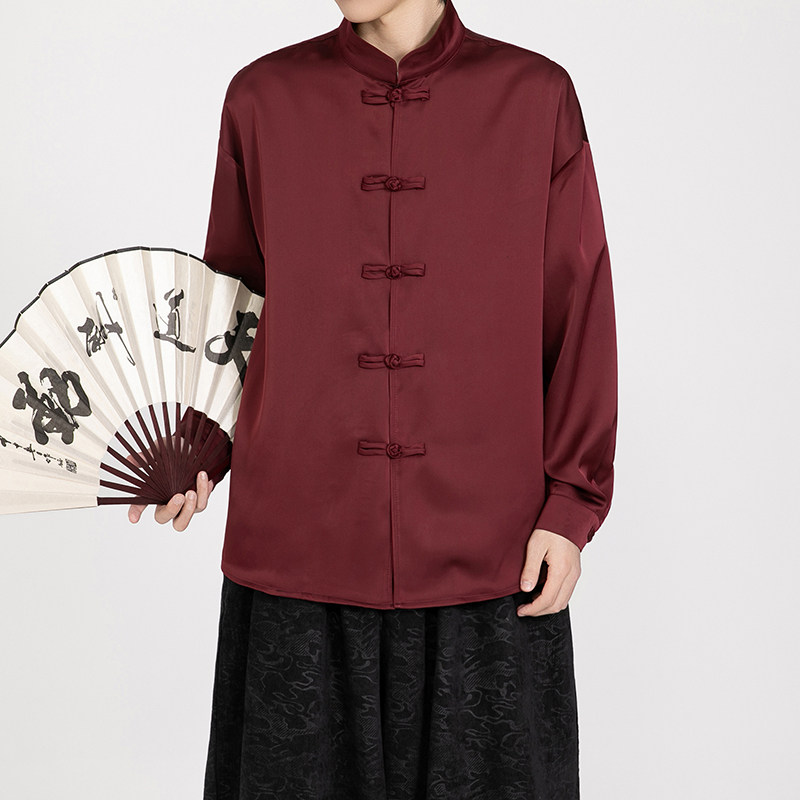 风缎面顺滑长袖唐装盘扣衬衫男士百搭新中式A100-2810-P65,男装衬衫,电商A100