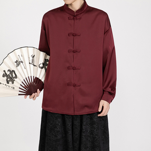 风缎面顺滑长袖唐装盘扣衬衫男士百搭新中式A100-2810-P65图片