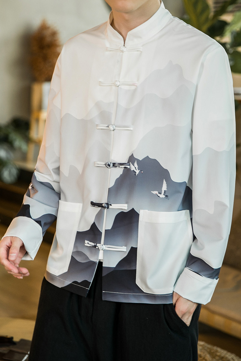 山水国画印花中国风衬衫高品质2钱塘大厦4018-1008-P65,男装衬衫,电商A100