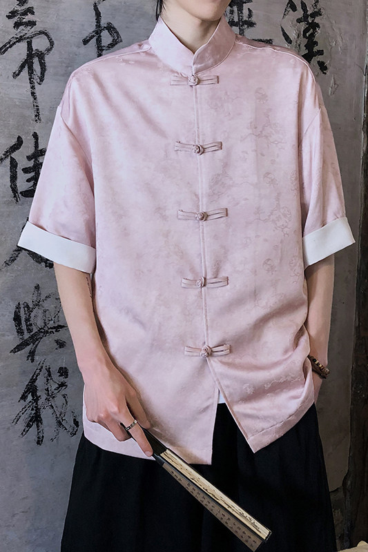 风新中式短袖盘扣衬衫压花复古上衣A100-C327-P65,男装T恤,电商A100