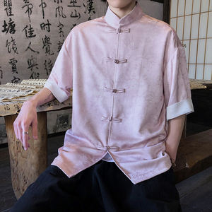 风新中式短袖盘扣衬衫压花复古上衣A100-C327-P65，男装T恤，电商A100