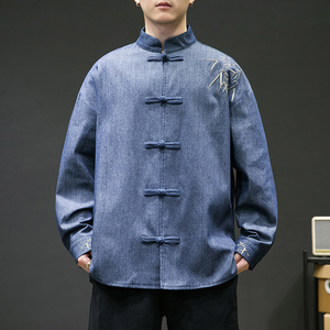 风男士长袖牛仔绣花盘扣衬衫加大加码电商A100-C10-P65图片