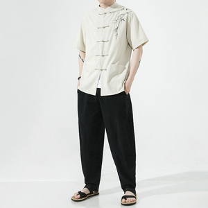 复古刺绣唐装男风夏季薄款冰丝短袖衬衫中式汉服宽松大码G103图片