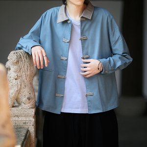 新中式牛仔唐装风长袖夹克复古盘扣宽松大码外套A100-C33-P75图片