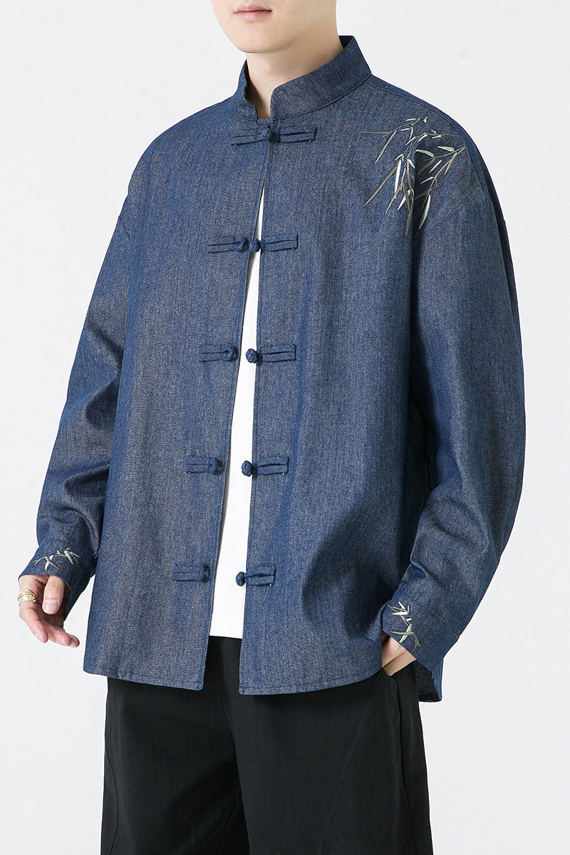 风男士长袖牛仔绣花盘扣衬衫加大加码电商A100-C10-P65,男装民族服装,电商A100